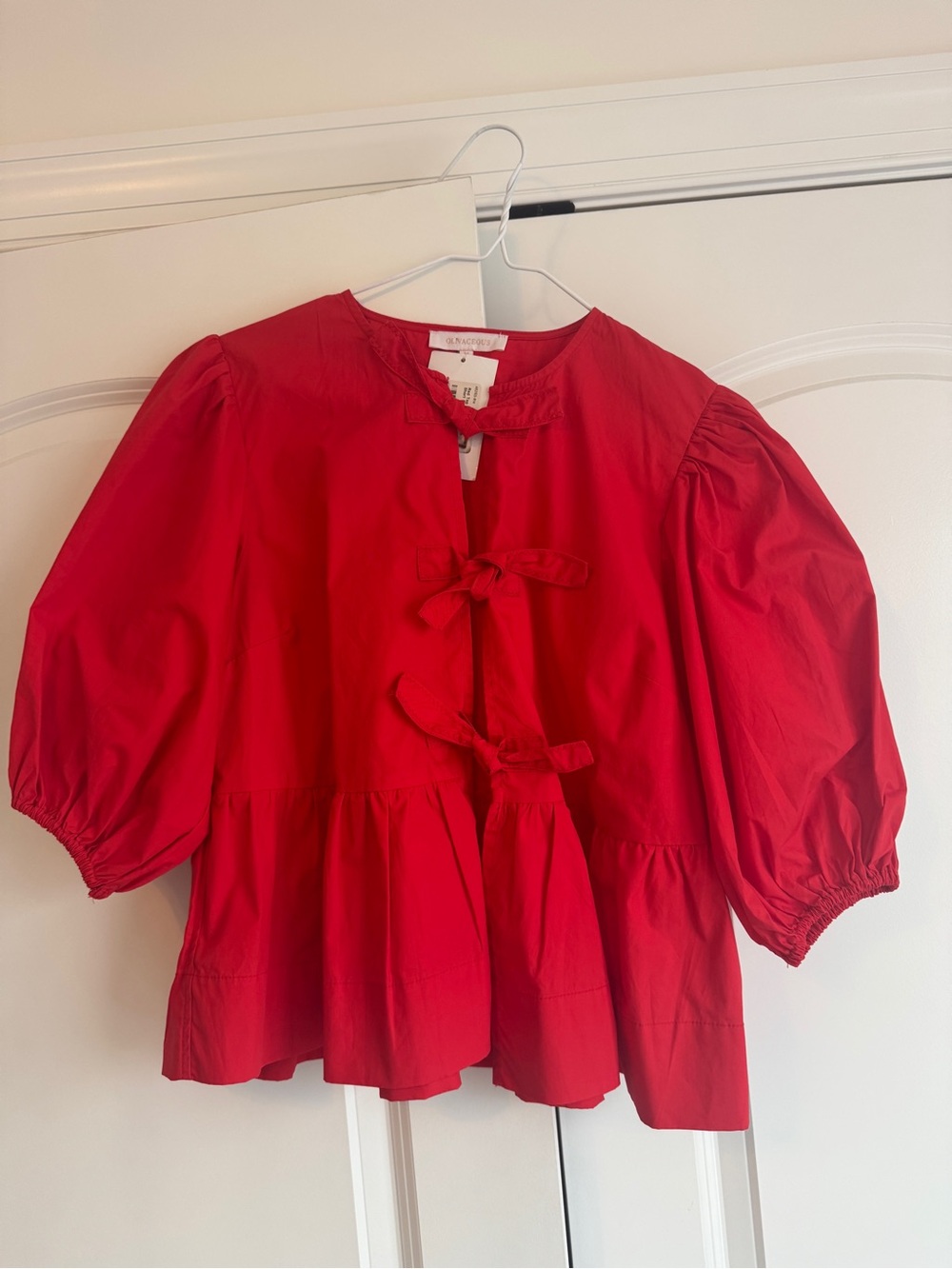 Olivaceous Red Puff-Sleeve Tie-Front Women’s M Blouse Boutique Cotton